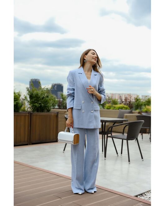 Брюки прямые голубые в тонкую полоску из льна и вискозы TR1-1001 от  