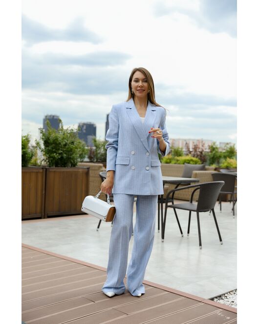 Брюки прямые голубые в тонкую полоску из льна и вискозы TR1-1001 от  