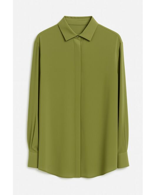 Рубашка шелковая зеленая прямом силуэте с универсальной манжетой  8937 от byME 