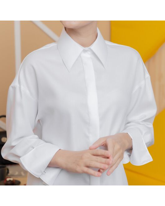 Женская рубашка с высоким манжетом под запонку белая фактура ёлочка - 8264 от byME 