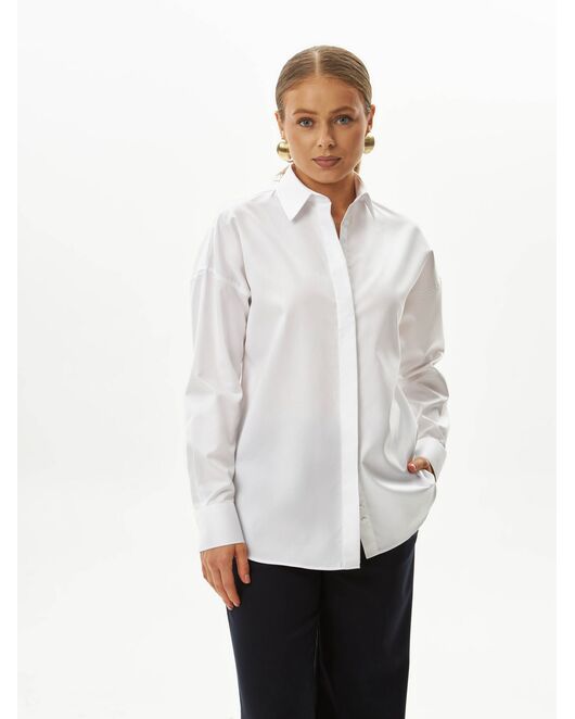 Женская рубашка хлопковая в белом цвете с фактурой мелкая   ёлочка в оверсайз силуэте -8990 от byME 