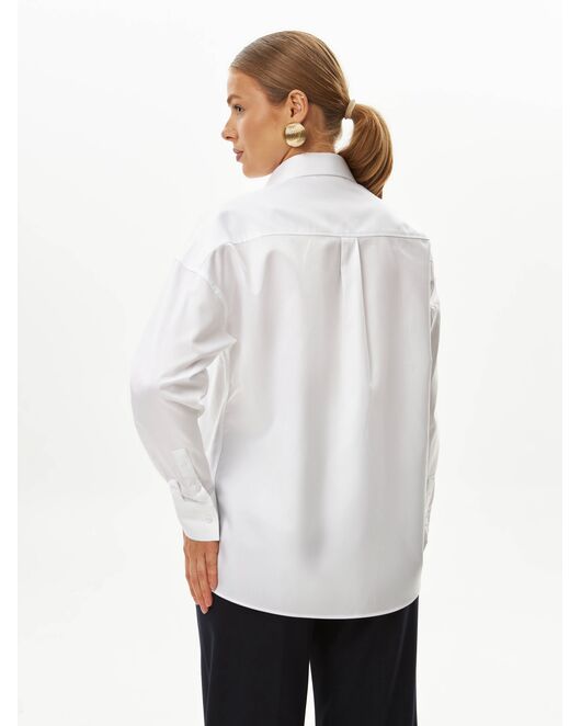 Женская рубашка хлопковая в белом цвете с фактурой мелкая   ёлочка в оверсайз силуэте -8990 от byME 