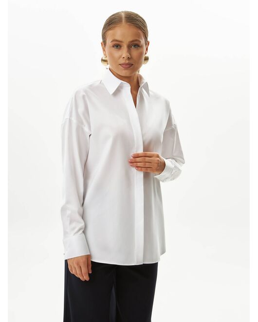 Женская рубашка хлопковая в белом цвете с фактурой мелкая   ёлочка в оверсайз силуэте -8990 от byME 