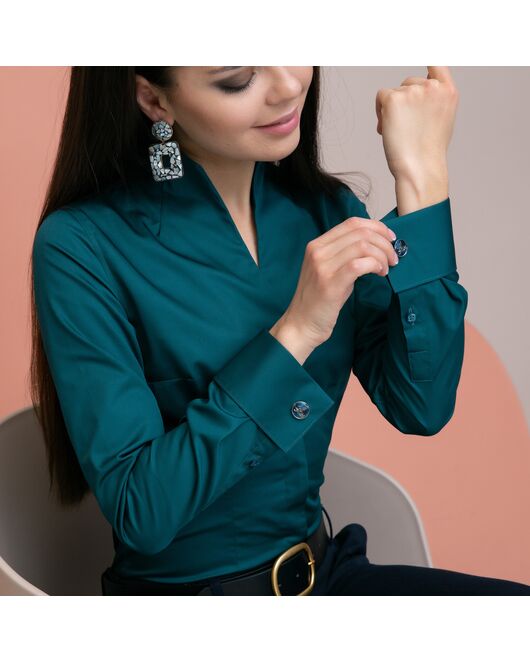 Женская рубашка под запонку изумрудная воротник стойка - 7896 от byME 