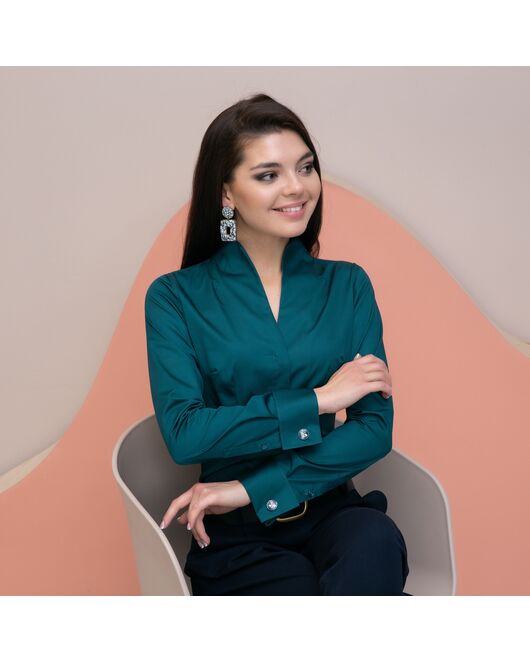 Женская рубашка под запонку изумрудная воротник стойка - 7896 от byME 