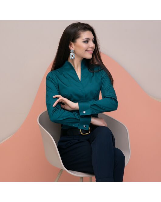 Женская рубашка под запонку изумрудная воротник стойка - 7896 от byME 