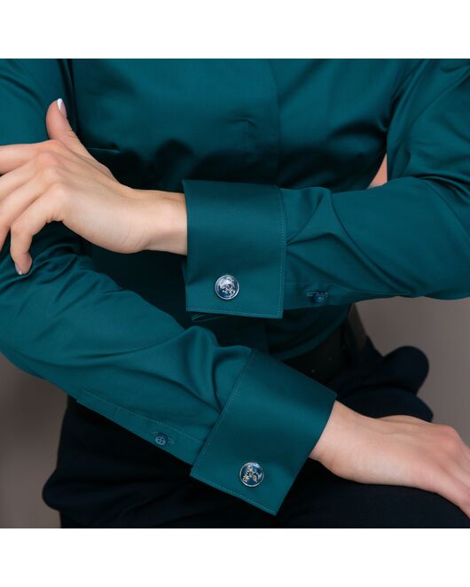 Женская рубашка под запонку изумрудная воротник стойка - 7896 от byME 