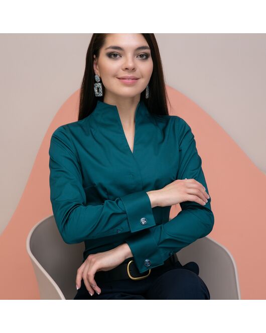 Женская рубашка под запонку изумрудная воротник стойка - 7896 от byME 