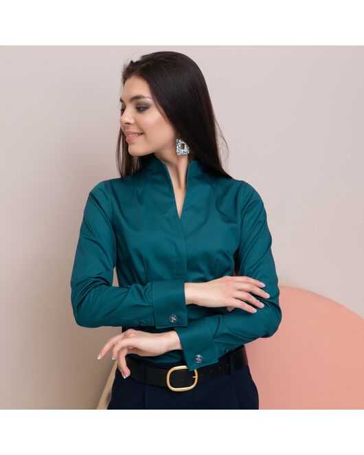 Женская рубашка под запонку изумрудная воротник стойка - 7896 от byME 