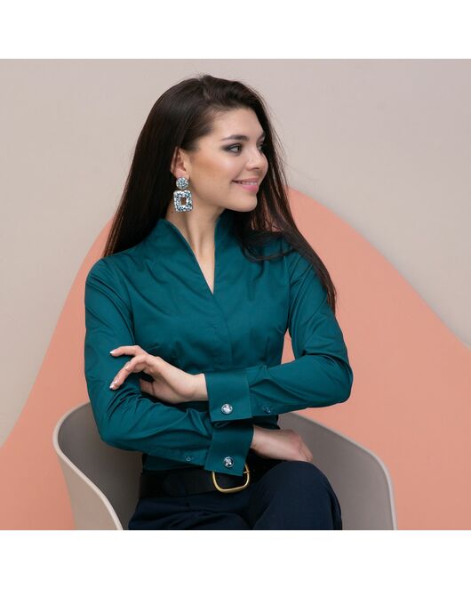 Женская рубашка под запонку изумрудная воротник стойка - 7896 от byME 