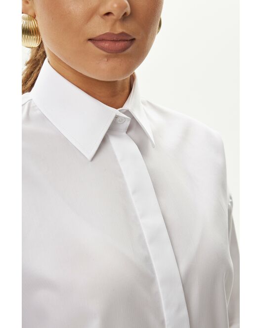 Женская рубашка хлопковая в белом цвете с фактурой мелкая   ёлочка в оверсайз силуэте -8990 от byME 