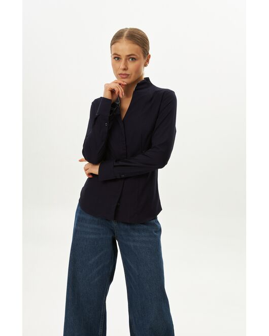 Рубашка темно-синяя воротник стойка под пуговицы с отделкой - 9058 от byME 