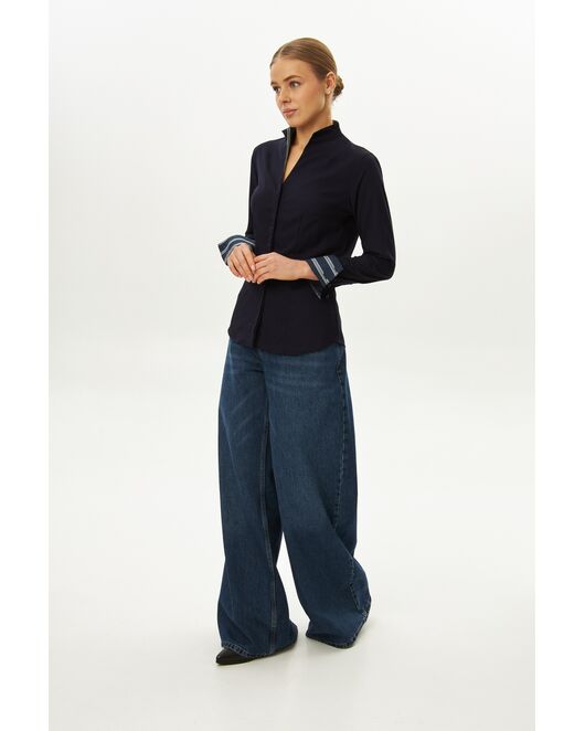 Рубашка темно-синяя воротник стойка под пуговицы с отделкой - 9058 от byME 