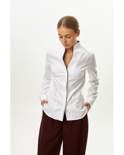 Рубашка белая воротник стойка под пуговицы с отделкой - 9059 от byME 