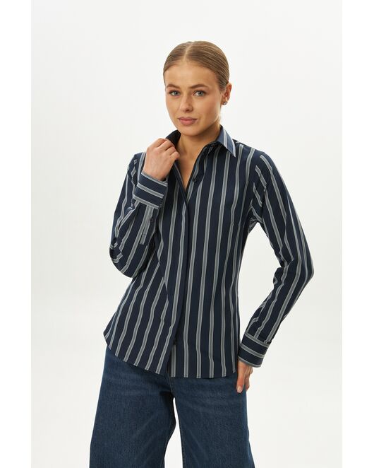 Рубашка хлопковая в полуприталенном силуэте синяя в полоску под пуговицы 9060 от  