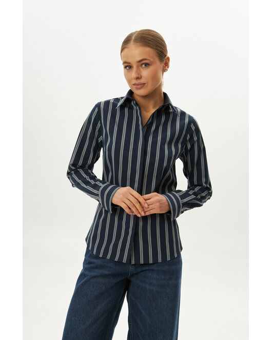 Рубашка хлопковая в полуприталенном силуэте синяя в полоску под пуговицы 9060 от  