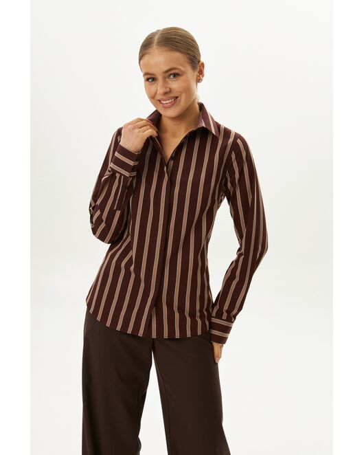 Рубашка хлопковая в полуприталенном силуэте коричневая в полоску под пуговицы 9061 от byME 