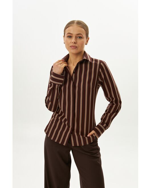 Рубашка хлопковая в полуприталенном силуэте коричневая в полоску под пуговицы 9061 от byME 