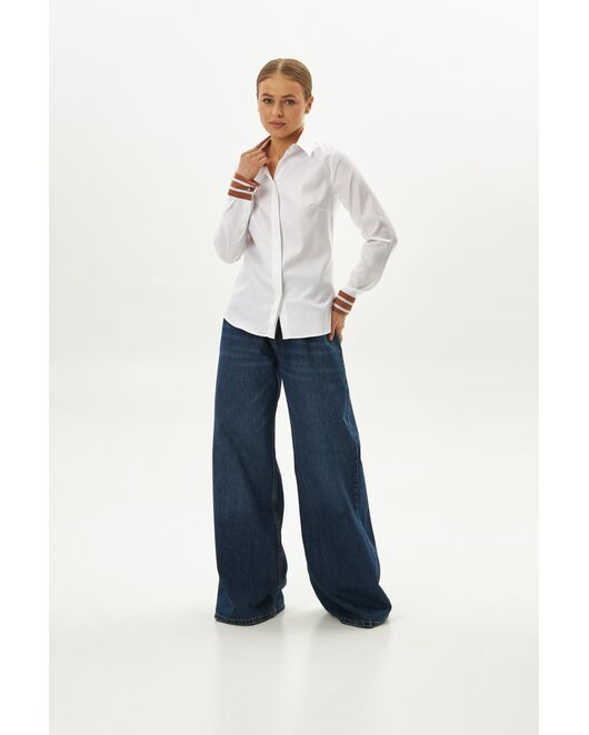 Женская рубашка из хлопка полуприталенная белая с отделкой-9064 от byME 