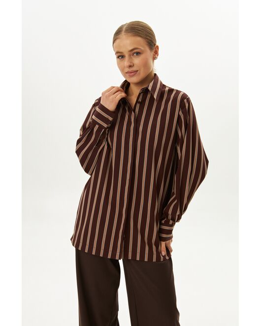 Рубашка хлопковая с универсальным манжетом коричневая в полоску - 9070 от  