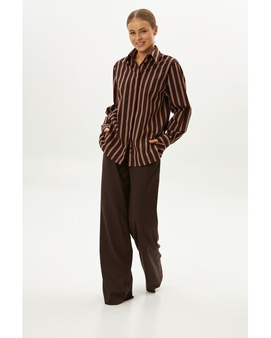 Рубашка хлопковая с универсальным манжетом коричневая в полоску - 9070 от  