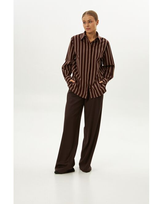 Рубашка хлопковая с универсальным манжетом коричневая в полоску - 9070 от  