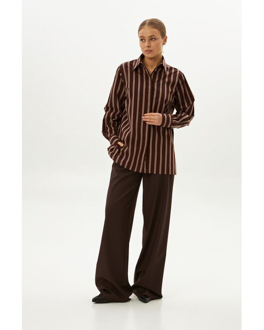 Рубашка хлопковая с универсальным манжетом коричневая в полоску - 9070 от  