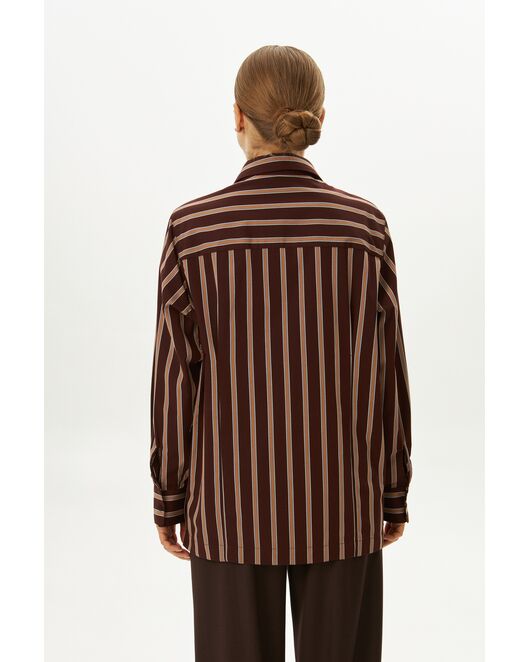 Рубашка хлопковая с универсальным манжетом коричневая в полоску - 9070 от  