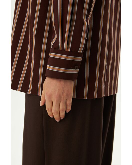 Рубашка хлопковая с универсальным манжетом коричневая в полоску - 9070 от  