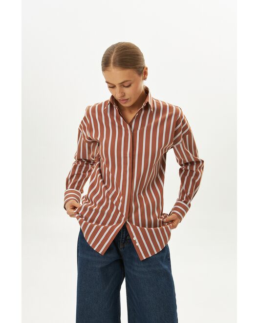 Женская рубашка коричневая с голубым полоска оверсайз из хлопка 9072 от byME 