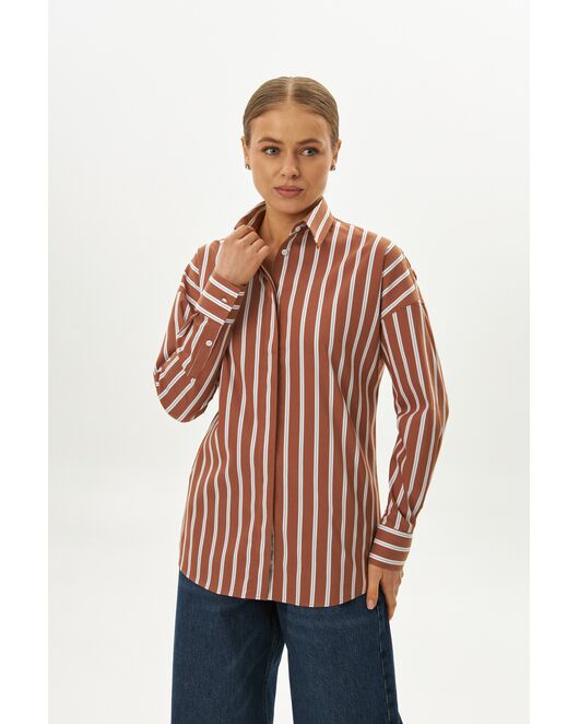 Женская рубашка коричневая с голубым полоска оверсайз из хлопка 9072 от byME 