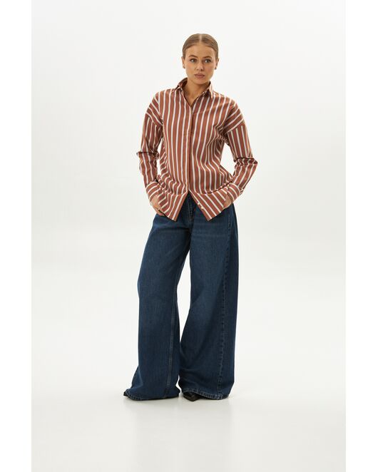 Женская рубашка коричневая с голубым полоска оверсайз из хлопка 9072 от byME 