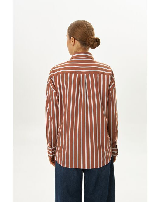 Женская рубашка коричневая с голубым полоска оверсайз из хлопка 9072 от byME 