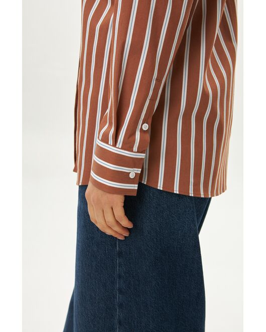 Женская рубашка коричневая с голубым полоска оверсайз из хлопка 9072 от byME 