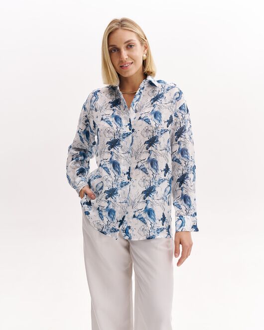 Женская рубашка из крапивы принт цапли и цветы-8997 от byME 