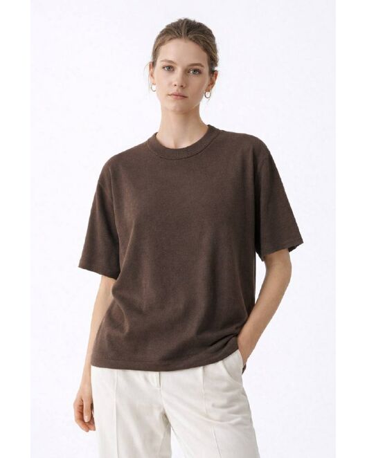 Джемпер коричневый с коротким рукавом из шерсти мериноса-JFB02 от byME 