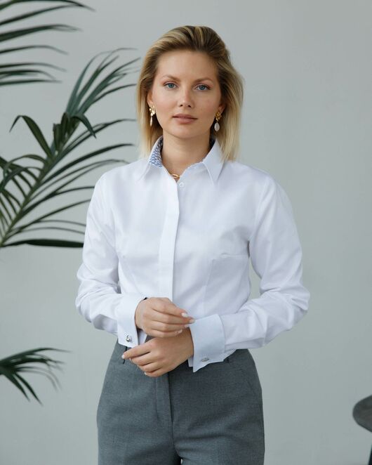 Женская рубашка из хлопка белая с отделкой орнамент под запонки 8983 от  