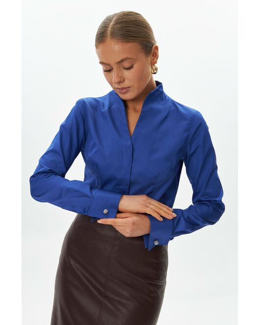 Рубашка из хлопка синяя под запонку воротник стойка  -9047 от byME 