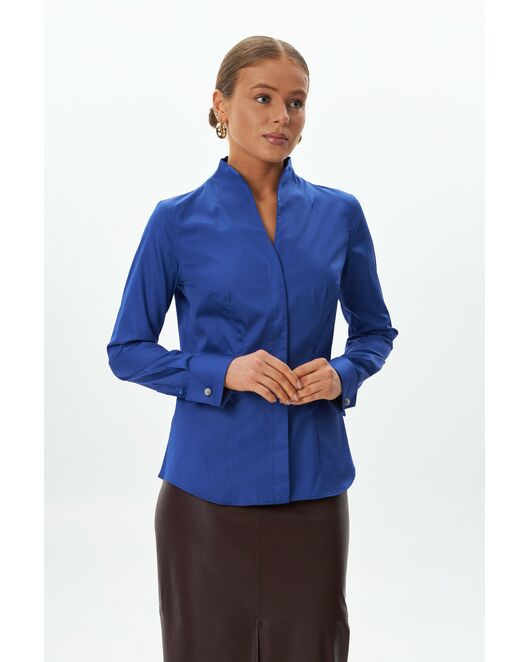 Рубашка из хлопка синяя под запонку воротник стойка  -9047 от byME 