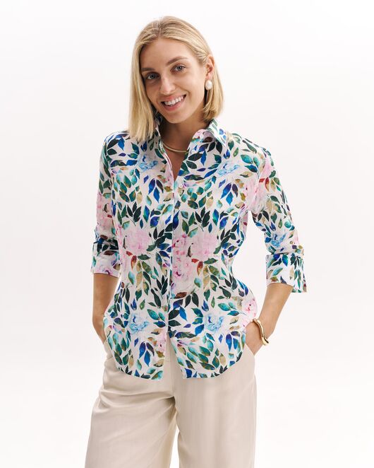 Женская рубашка из крапивы принт Розовые цветы и лепестки с рукавом 3/4  8985 от byME 