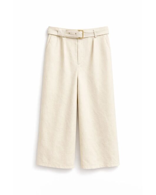 Укороченные брюки женские изо льна с тонким поясом цвета ваниль от  