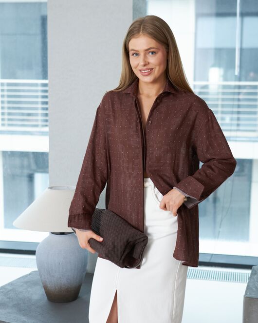 Женская темно-коричневая рубашка из хлопка в горошек 9098 от byME 