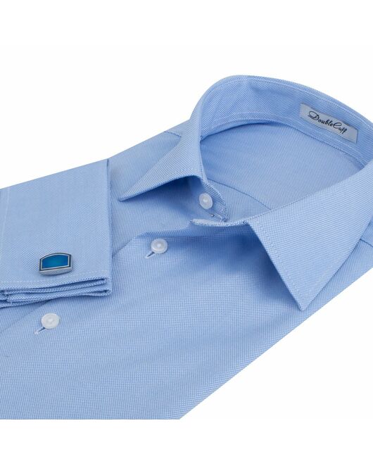 Приталенная мужская рубашка голубая фактура оксфорд под запонки - 7488 от DoubleCuff 