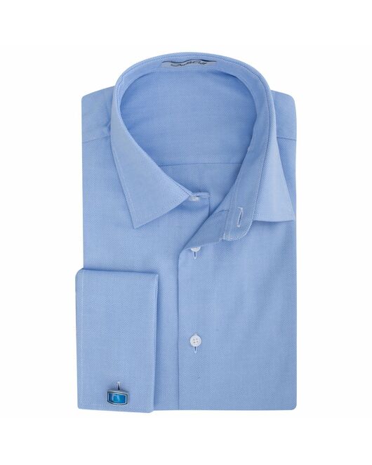 Приталенная мужская рубашка голубая фактура оксфорд под запонки - 7488 от DoubleCuff 