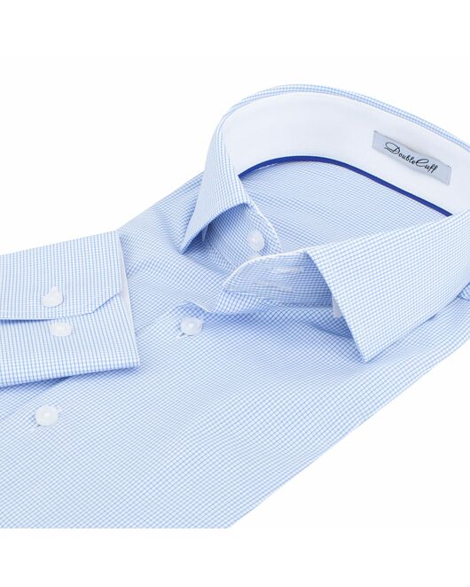 Мужская рубашка из бамбука приталенная под пуговицы голубая в мелкую клетку - 7502 от DoubleCuff 