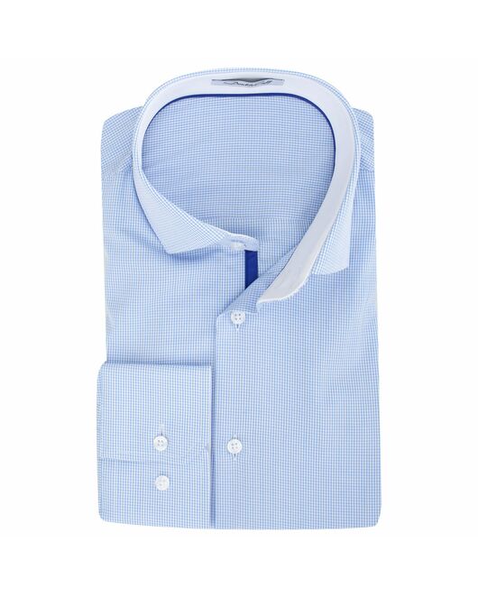 Мужская рубашка из бамбука приталенная под пуговицы голубая в мелкую клетку - 7502 от DoubleCuff 