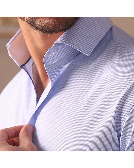 Мужская рубашка из бамбука приталенная под пуговицы голубая в мелкую клетку - 7502 от DoubleCuff 