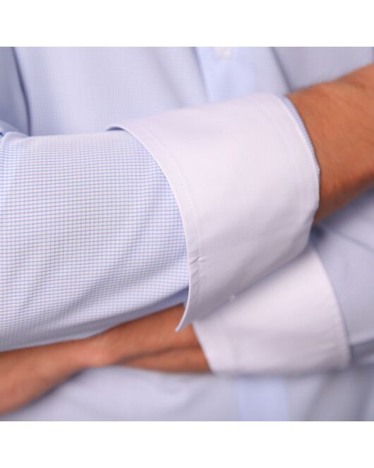 Мужская рубашка из бамбука приталенная под пуговицы голубая в мелкую клетку - 7502 от DoubleCuff 