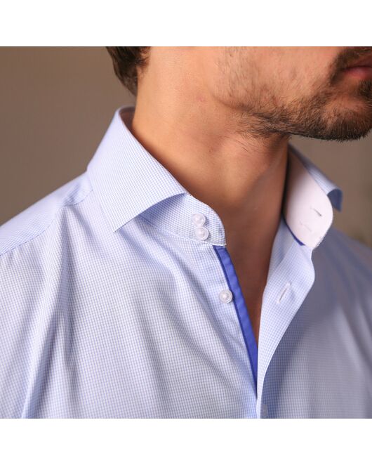 Мужская рубашка из бамбука приталенная под пуговицы голубая в мелкую клетку - 7502 от DoubleCuff 