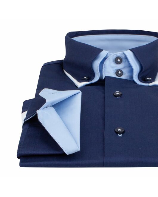 Мужская рубашка синяя с двойным воротником приталенная под пуговицы -7514 от Tonelli 